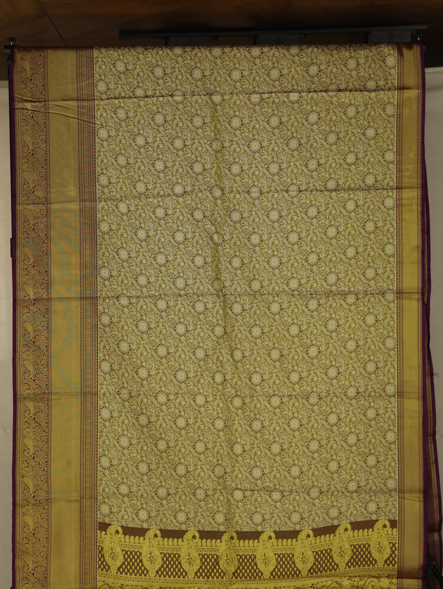 Champagne Gold Kanchipuram Inspired Semi Silk Saree with Narrow Narrow Contrast Border