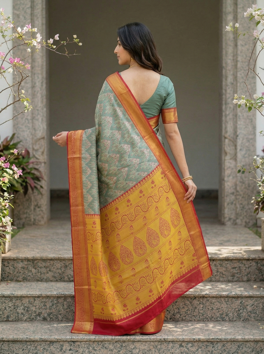 Sage Green Kanchipuram Inspired Semi Silk Saree with Wide Wide Contrast Border