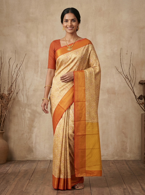 Champagne Gold Kanchipuram Inspired Semi Silk Saree with Wide Wide Contrast Border