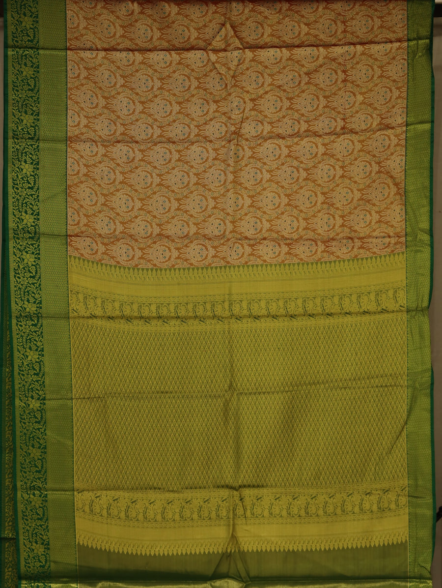 Champagne Gold Kanchipuram Inspired Semi Silk Saree with Wide Wide Contrast Border