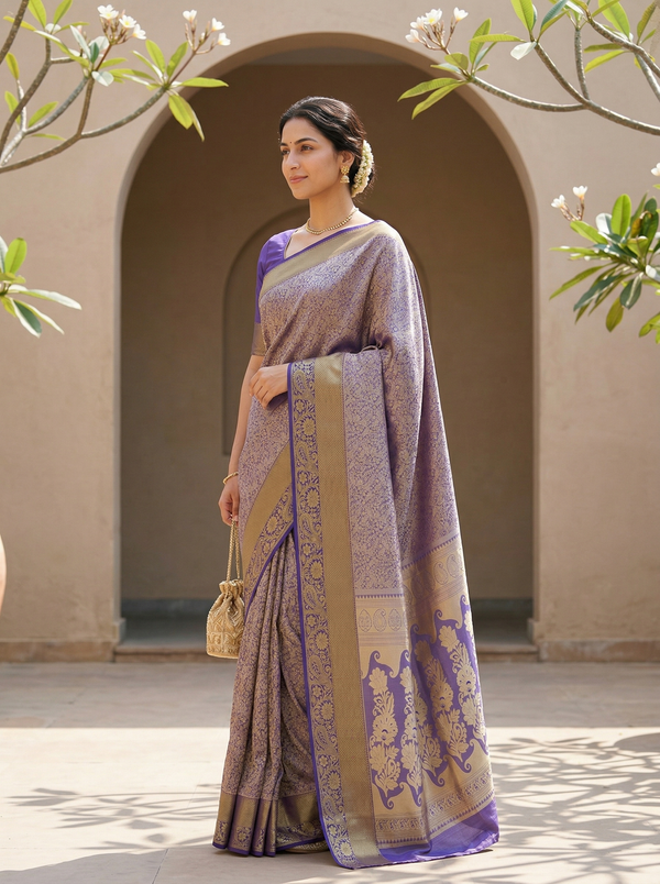 Lavender Mist Kanchipuram Inspired Semi Silk Saree with Wide Wide Contrast Border