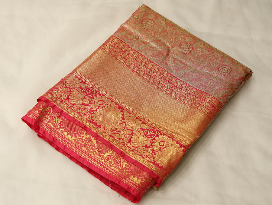 Terracotta Orange Dharmavaram Inspired Semi Silk Saree with Wide Wide Contrast Border