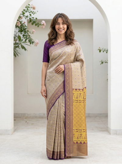 Champagne Gold Mysore Inspired Semi Silk Saree with Medium Medium Contrast Border