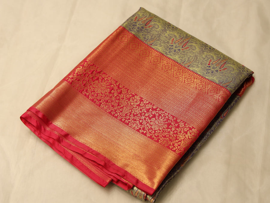 Olive Green Dharmavaram Inspired Semi Silk Saree with Wide Wide Contrast Border