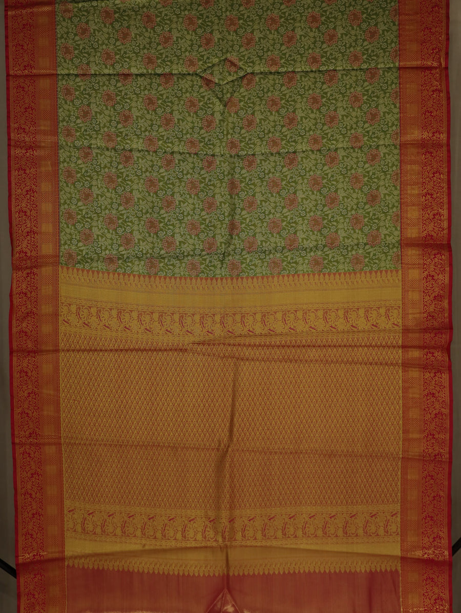 Sage Green Kanchipuram Inspired Semi Silk Saree with Medium Medium Contrast Border
