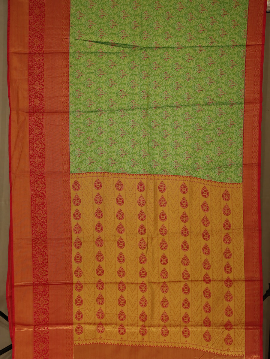 Sage Green Kanchipuram Inspired Semi Silk Saree with Wide Wide Contrast Border