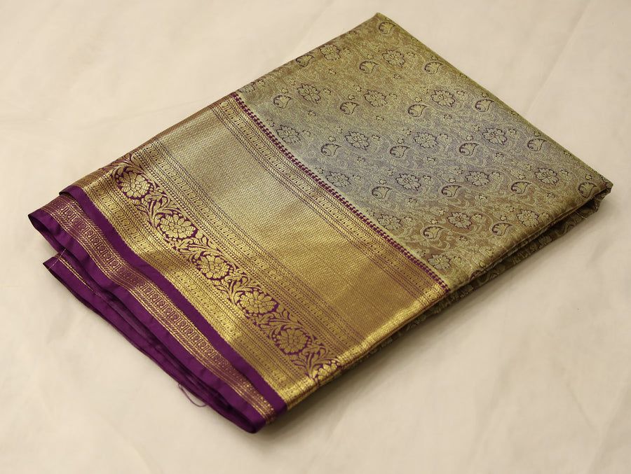 Antique Gold Kanchipuram Inspired Semi Silk Saree with Medium Medium Contrast Border
