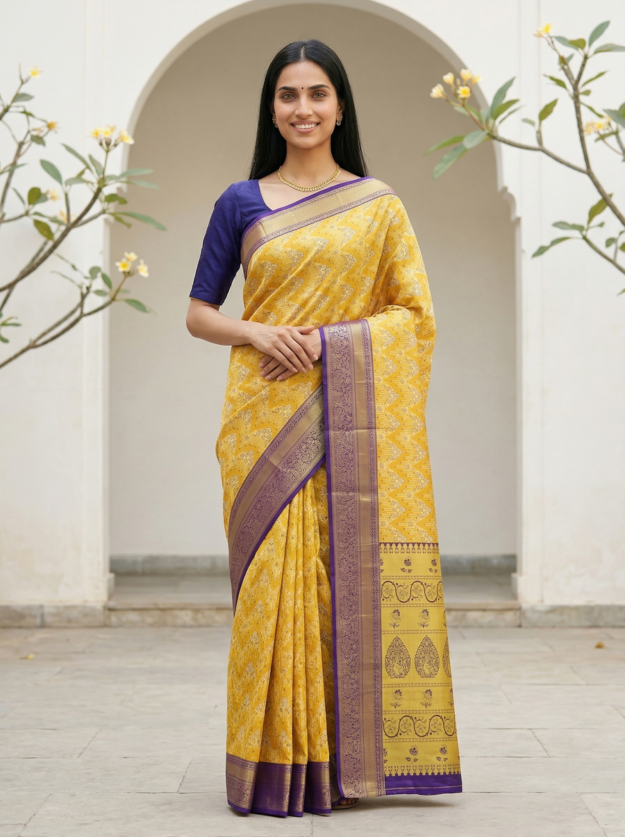 Golden Mustard Kanchipuram Inspired Semi Silk Saree with Wide Wide Contrast Border