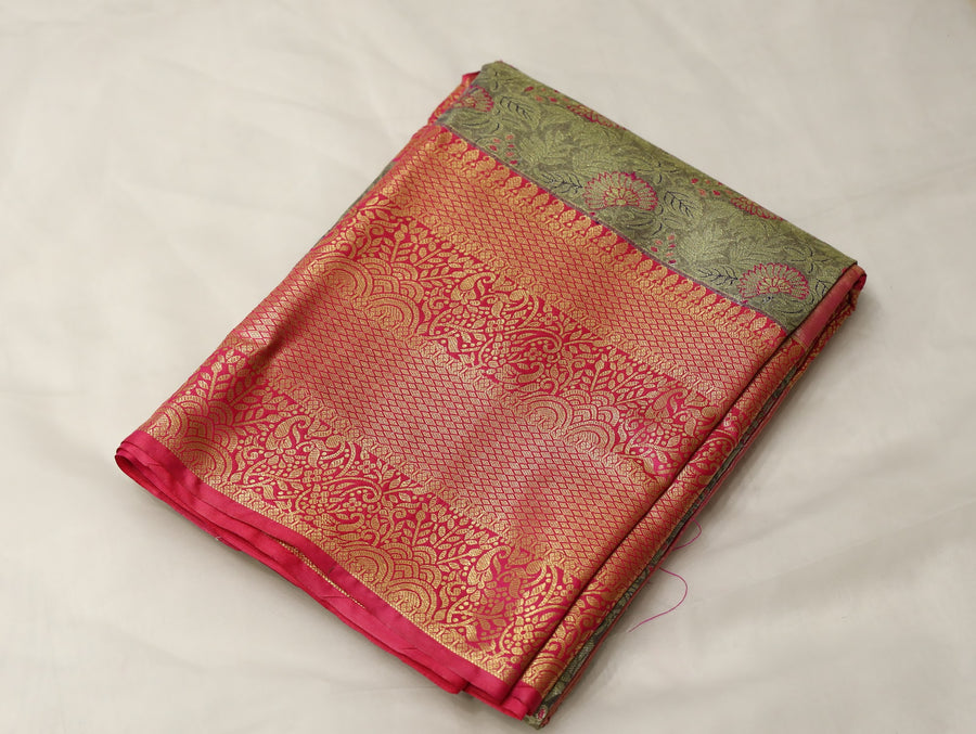 Olive Green Dharmavaram Inspired Semi Silk Saree with Wide Wide Contrast Border