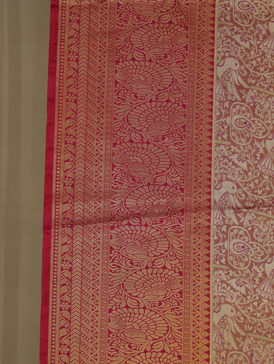 Champagne Gold Kanchipuram Inspired Semi Silk Saree with Narrow Narrow Contrast Border