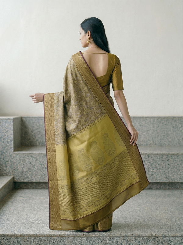 Antique Gold Kanchipuram Inspired Semi Silk Saree with Medium Medium Contrast Border