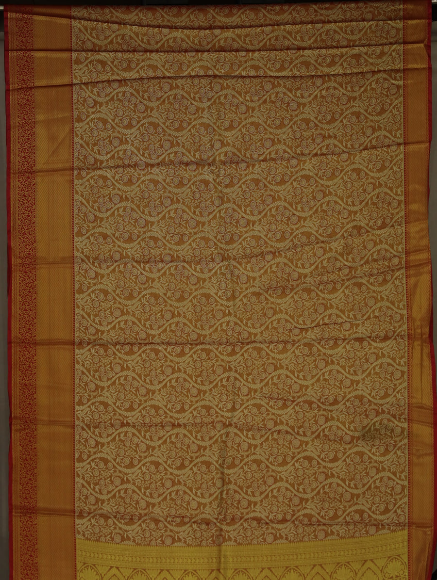 Burnt Orange Kanchipuram Inspired Semi Silk Saree with Medium Medium Contrast Border