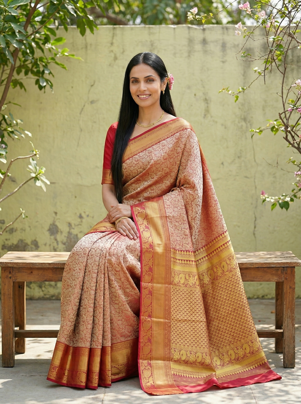 Champagne Gold Dharmavaram Inspired Semi Silk Saree with Wide Wide Contrast Border