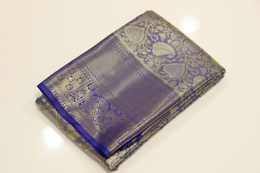 Royal Blue Kanchipuram Inspired Semi Silk Saree with Wide Self Border