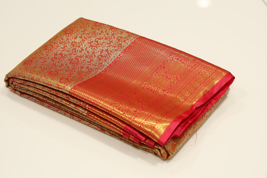 Pink Gold Kanchipuram Inspired Semi Silk Saree with Wide Contrast Border