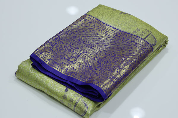 Lime Green Kanchipuram Inspired Semi Silk Saree with Wide Contrast Border