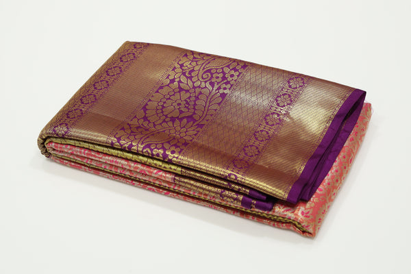 Coral Red Kanchipuram Inspired Semi Silk Saree with Wide Contrast Border