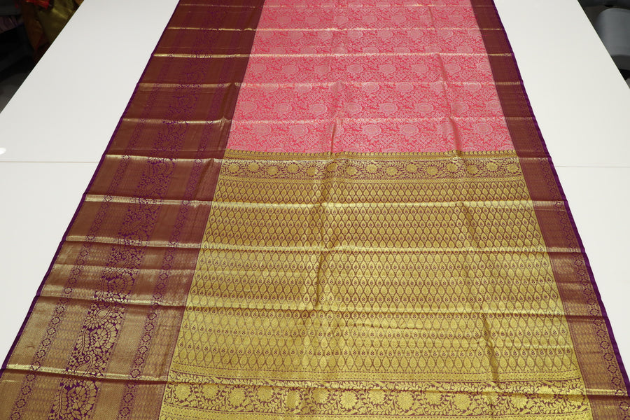 Coral Red Kanchipuram Inspired Semi Silk Saree with Wide Contrast Border