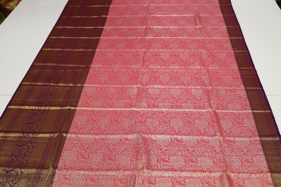 Coral Red Kanchipuram Inspired Semi Silk Saree with Wide Contrast Border
