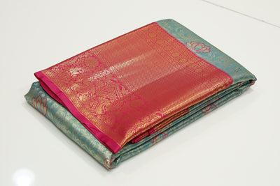 Teal Green Gadwal Inspired Semi Silk Saree with Wide Contrast Border