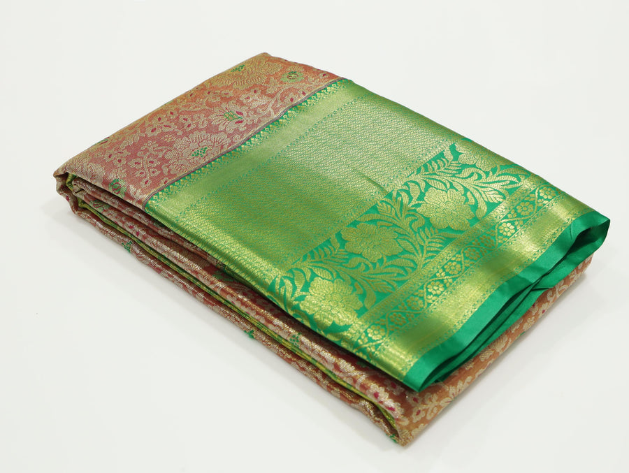Parrot Green Dharmavaram Inspired Semi Silk Saree with Coral Brocade Pallu
