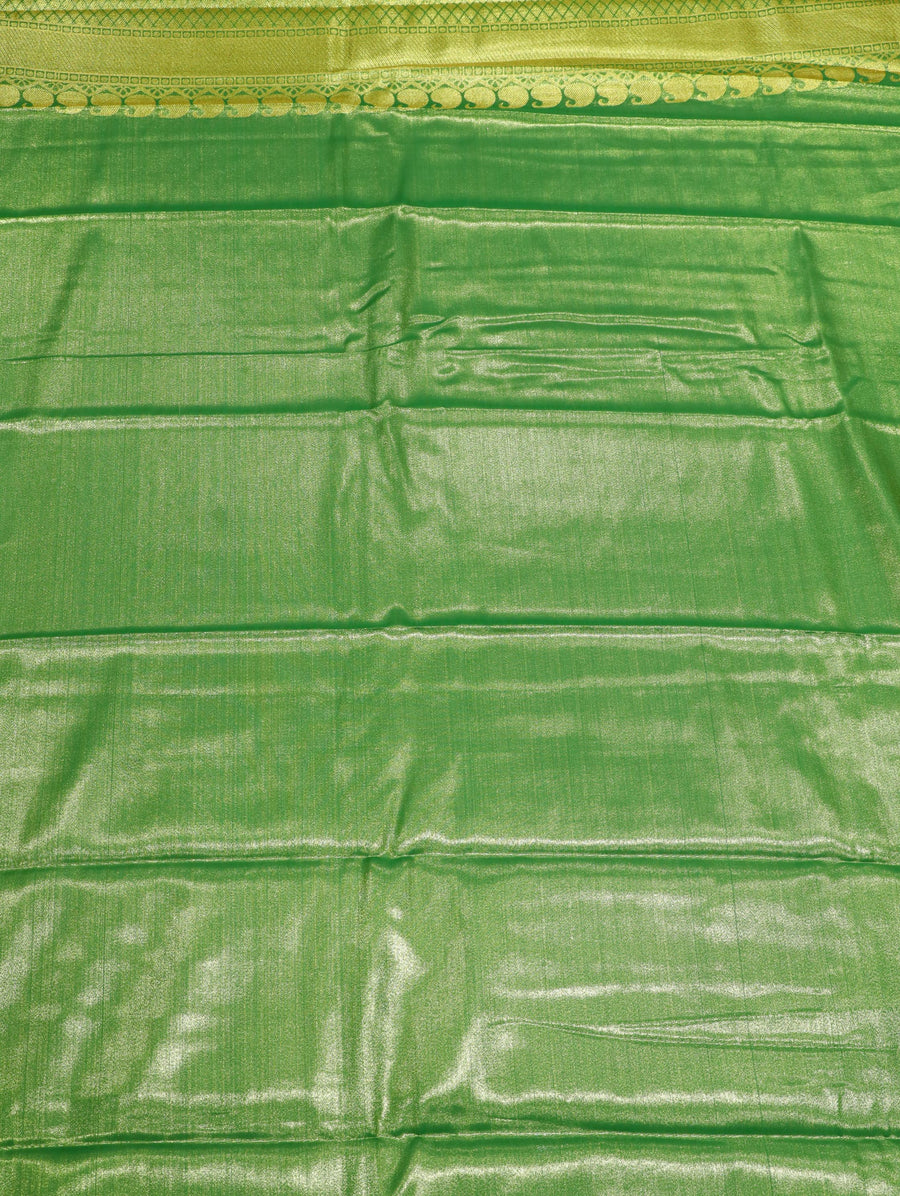 Parrot Green Dharmavaram Inspired Semi Silk Saree with Coral Brocade Pallu