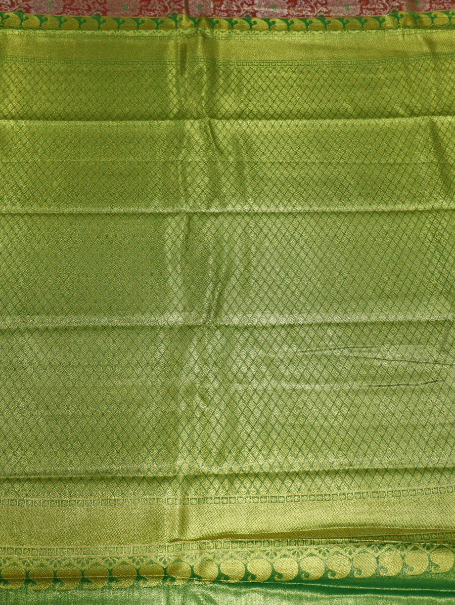 Parrot Green Dharmavaram Inspired Semi Silk Saree with Coral Brocade Pallu