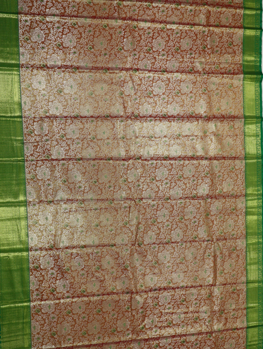 Parrot Green Dharmavaram Inspired Semi Silk Saree with Coral Brocade Pallu