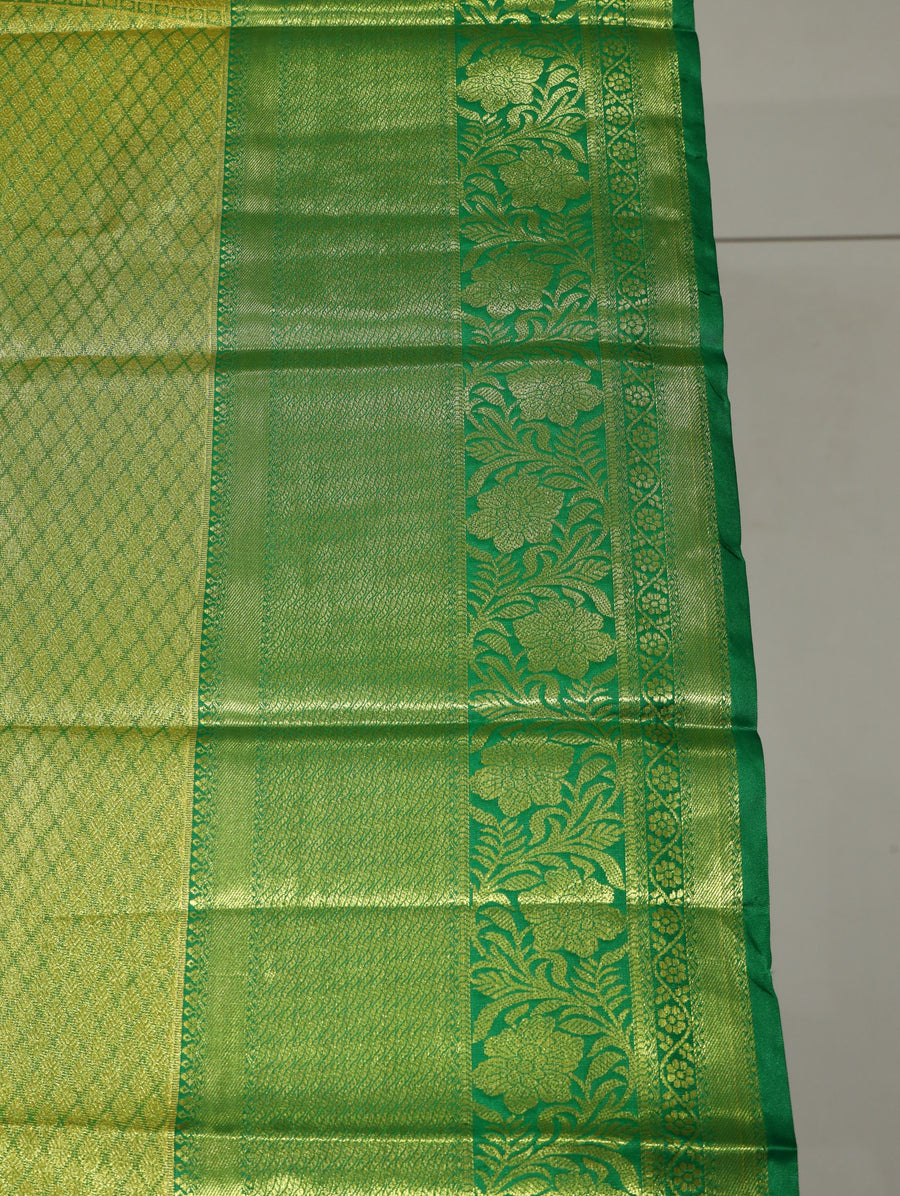 Parrot Green Dharmavaram Inspired Semi Silk Saree with Coral Brocade Pallu