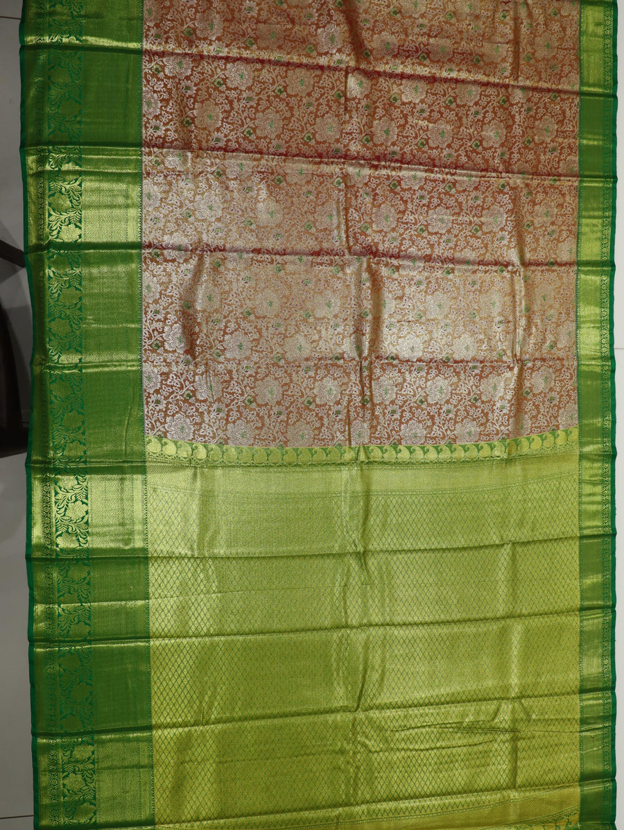 Parrot Green Dharmavaram Inspired Semi Silk Saree with Coral Brocade Pallu
