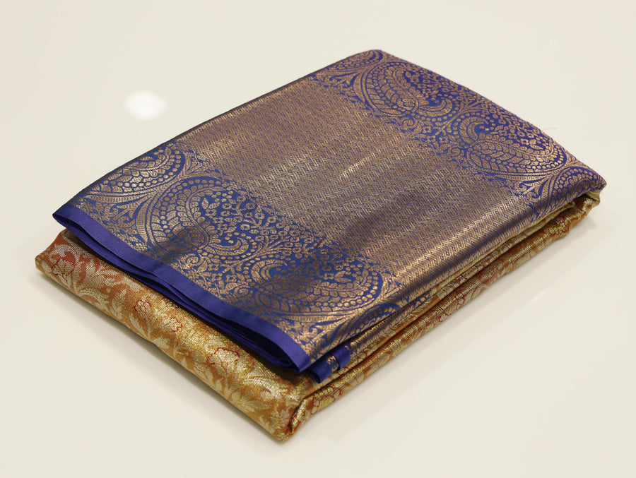 Antique Gold Kanchipuram Inspired Semi Silk Saree with Royal Blue Wide Border