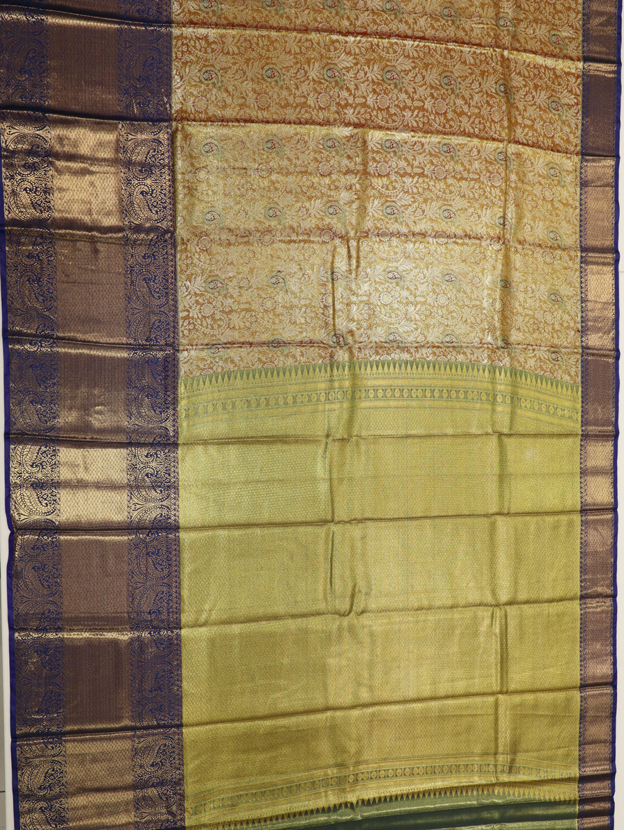 Antique Gold Kanchipuram Inspired Semi Silk Saree with Royal Blue Wide Border