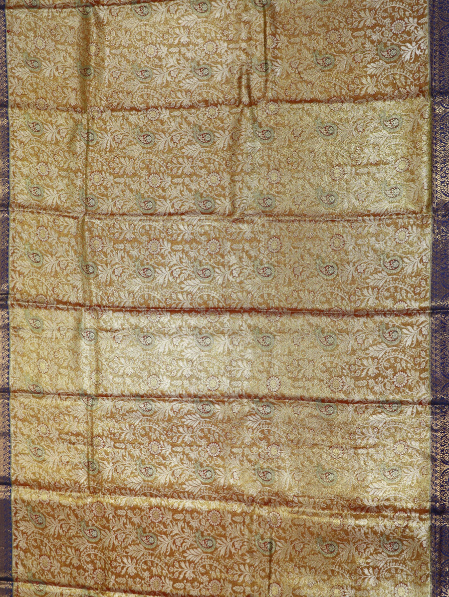 Antique Gold Kanchipuram Inspired Semi Silk Saree with Royal Blue Wide Border