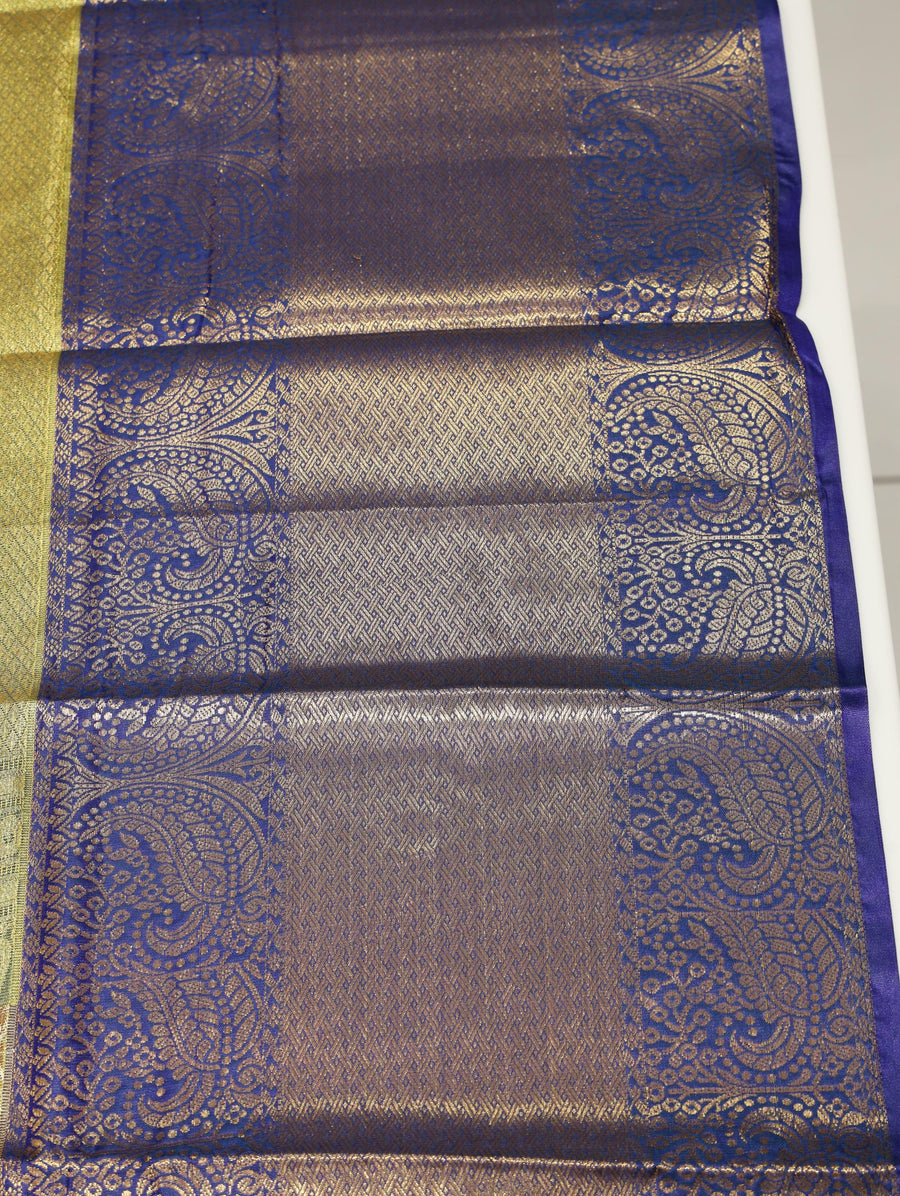Antique Gold Kanchipuram Inspired Semi Silk Saree with Royal Blue Wide Border
