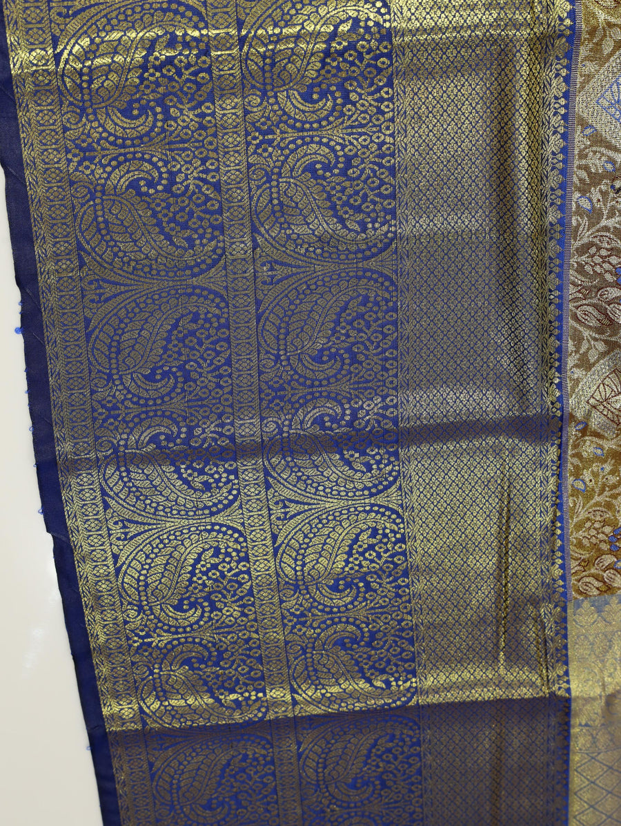 Steel Grey Mysore Inspired Semi Silk Saree with Coral Contrast Border