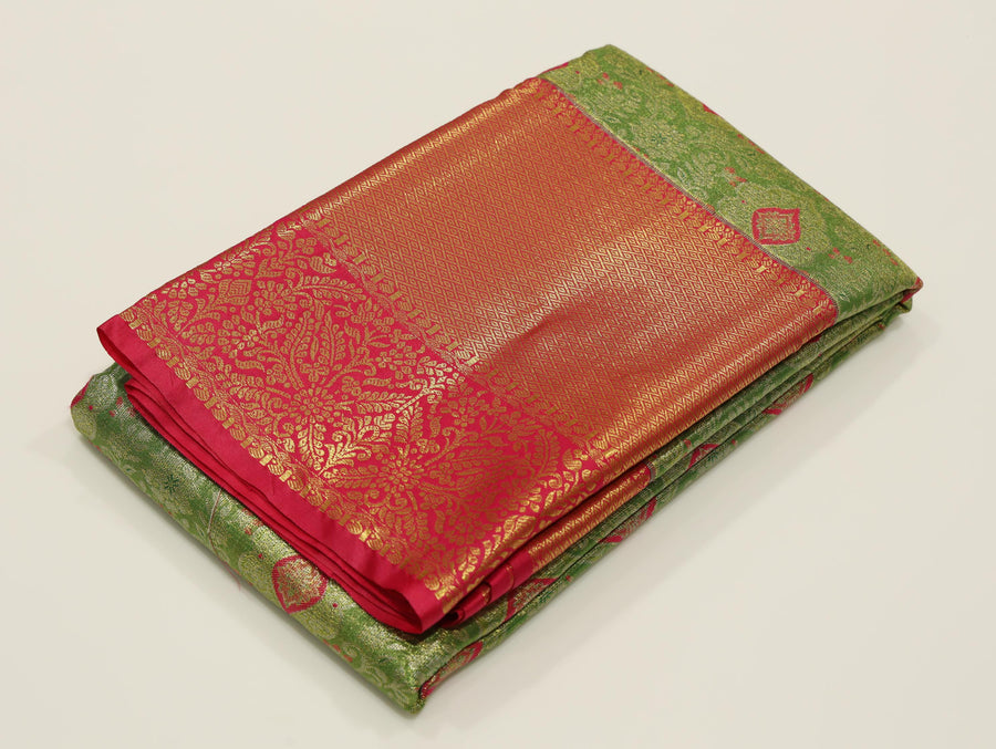 Olive Green Kanchipuram Inspired Semi Silk Saree with Wide Contrast Border