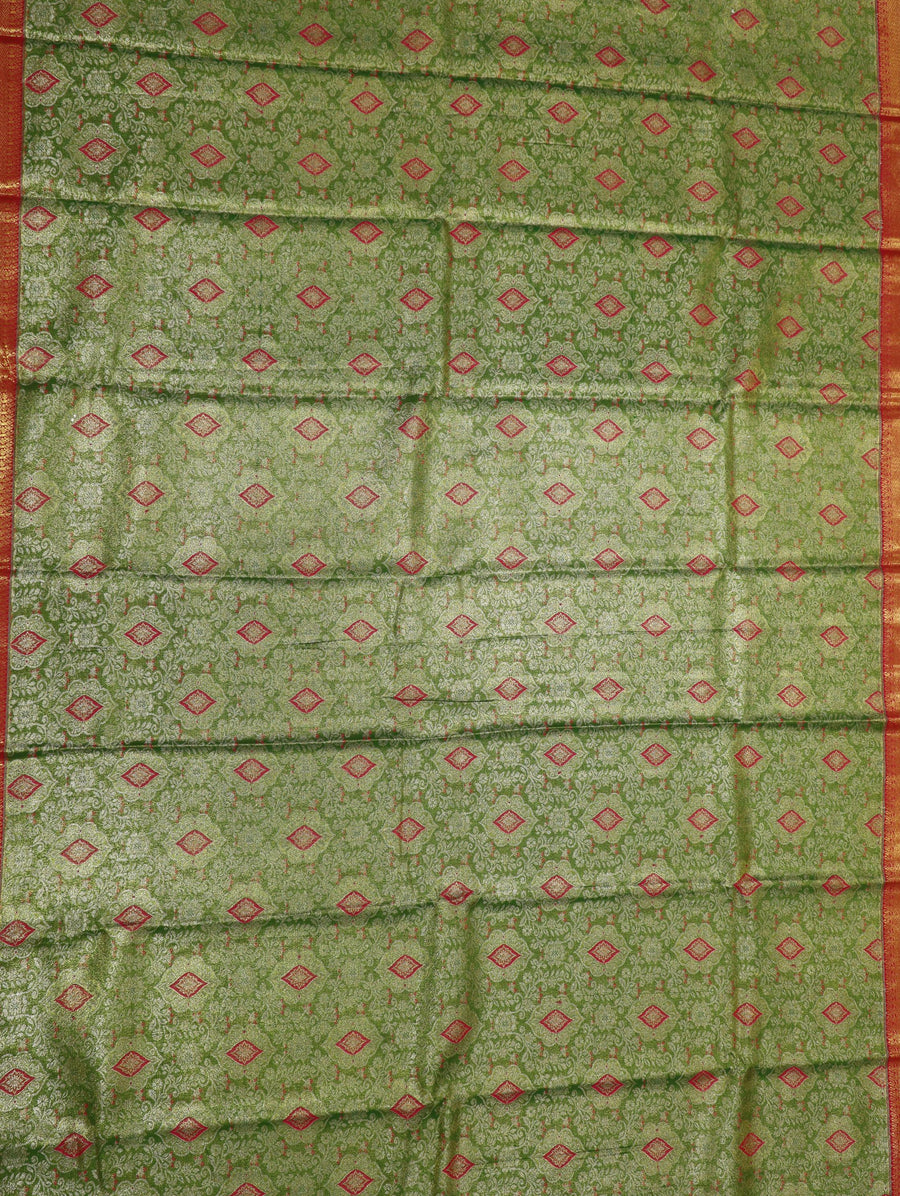 Olive Green Kanchipuram Inspired Semi Silk Saree with Wide Contrast Border