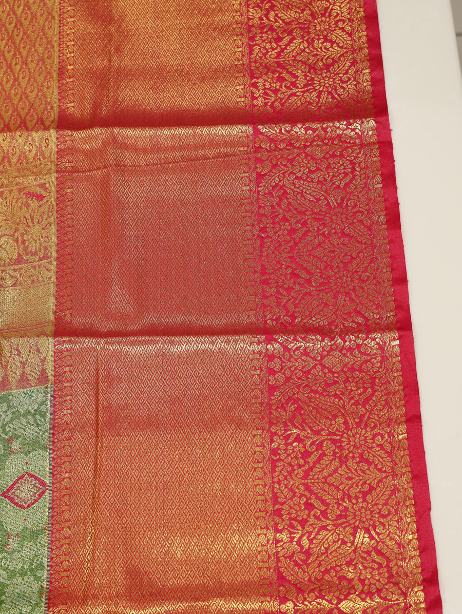 Olive Green Kanchipuram Inspired Semi Silk Saree with Wide Contrast Border