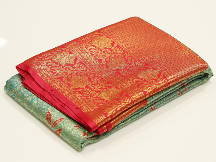 Mustard Gold Kanchipuram Inspired Semi Silk Saree with Wide Contrast Border