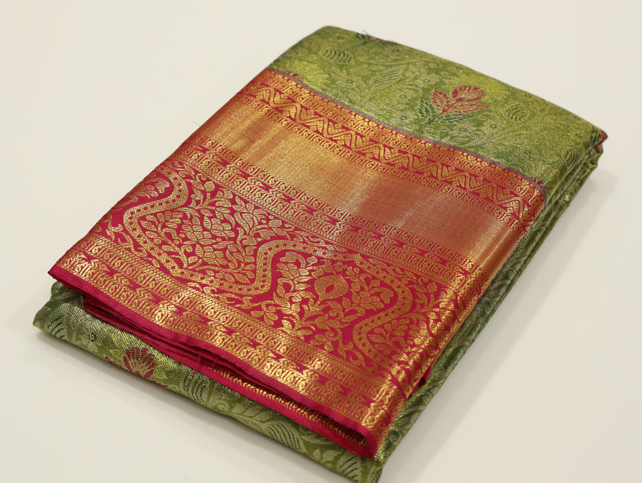Olive Green Gadwal Inspired Semi Silk Saree with Royal Blue Contrast Border