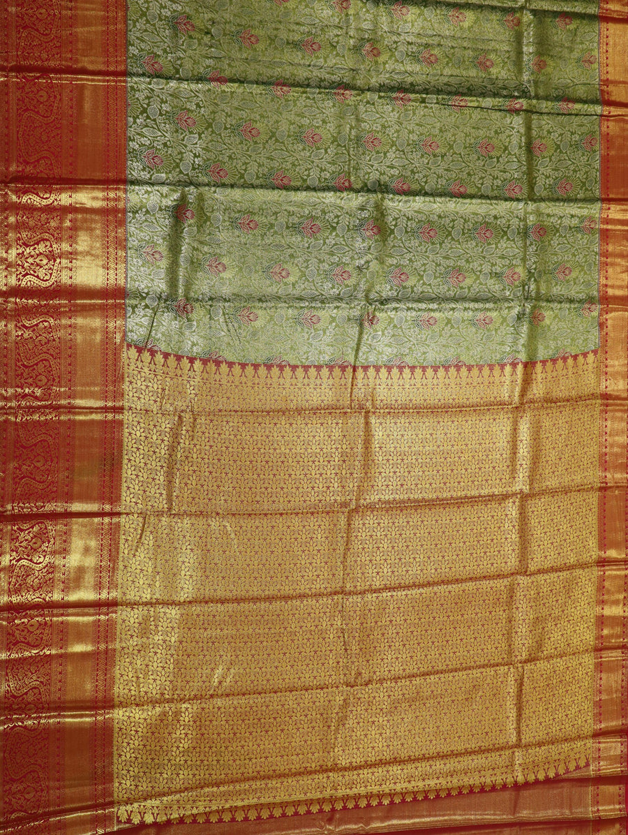 Olive Green Gadwal Inspired Semi Silk Saree with Royal Blue Contrast Border