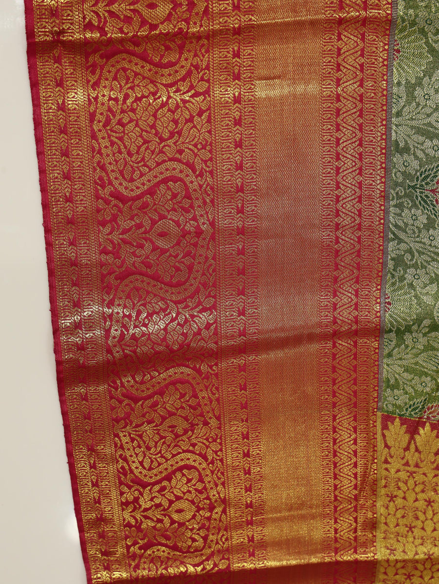 Olive Green Gadwal Inspired Semi Silk Saree with Royal Blue Contrast Border