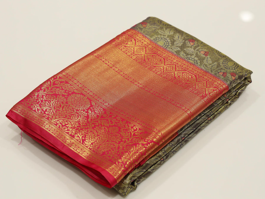 Olive Grey Gadwal Inspired Semi Silk Saree with Wide Contrast Border