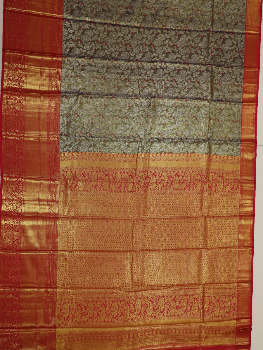 Olive Grey Gadwal Inspired Semi Silk Saree with Wide Contrast Border