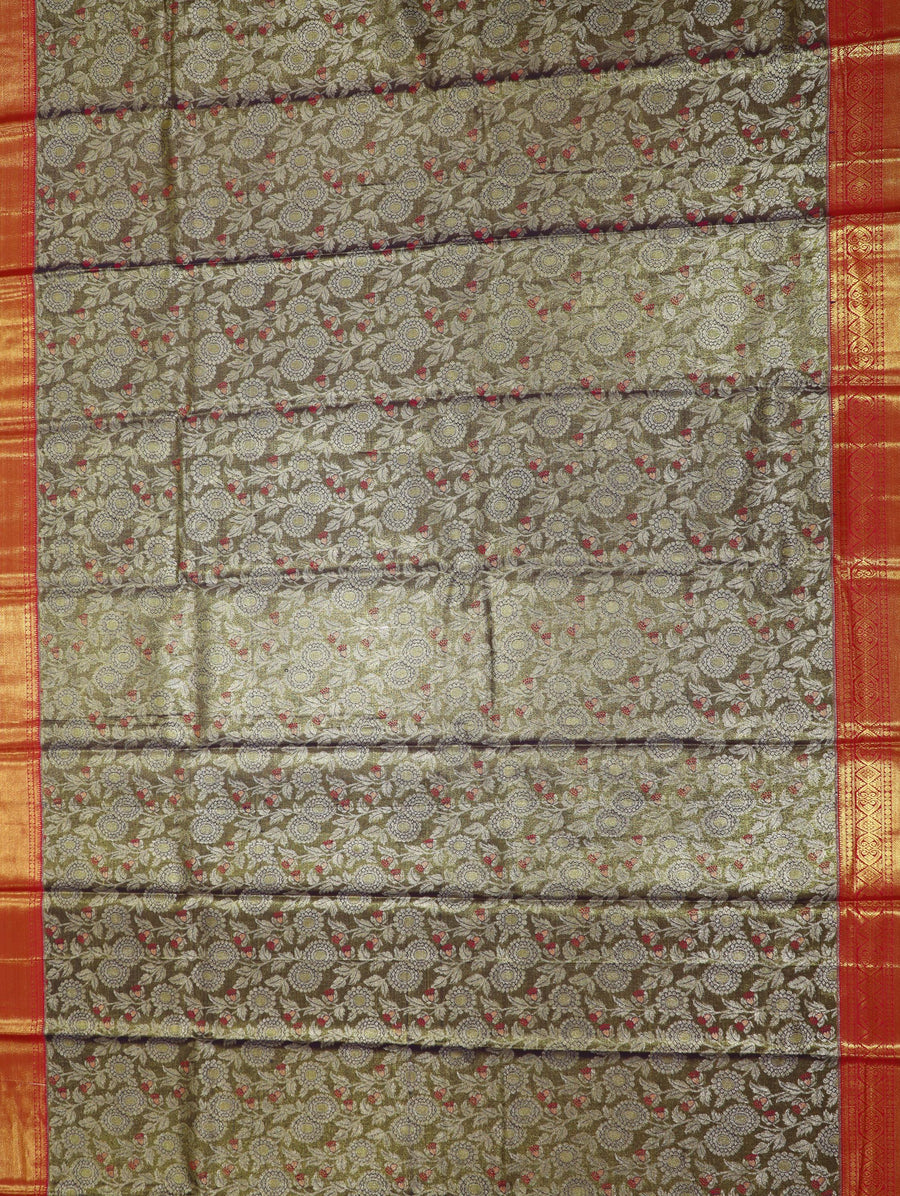 Olive Grey Gadwal Inspired Semi Silk Saree with Wide Contrast Border