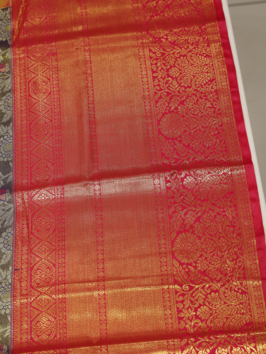 Olive Grey Gadwal Inspired Semi Silk Saree with Wide Contrast Border