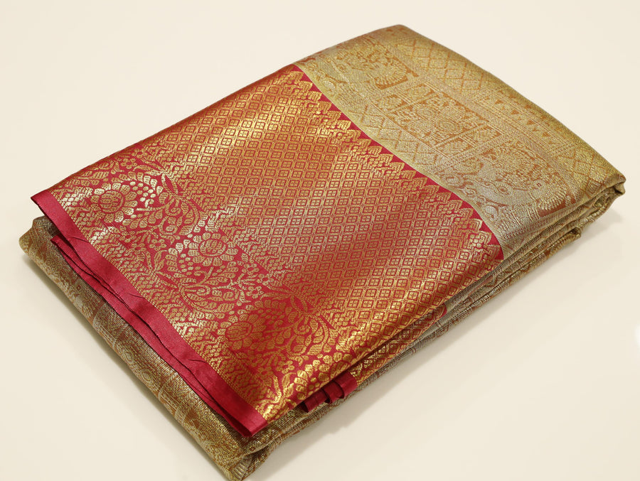 Antique Gold Kanchipuram Inspired Semi Silk Saree with Wide Contrast Border
