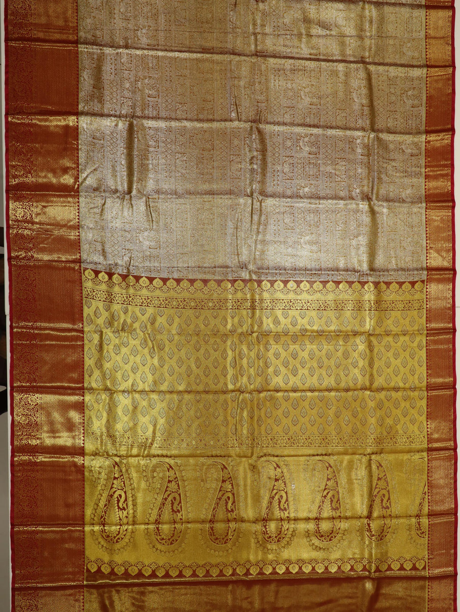 Antique Gold Kanchipuram Inspired Semi Silk Saree with Wide Contrast Border