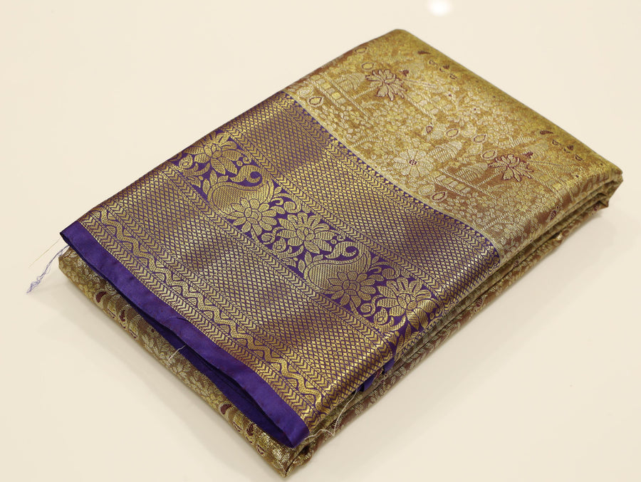 Mustard Yellow Kanchipuram Inspired Semi Silk Saree with Wide Contrast Border