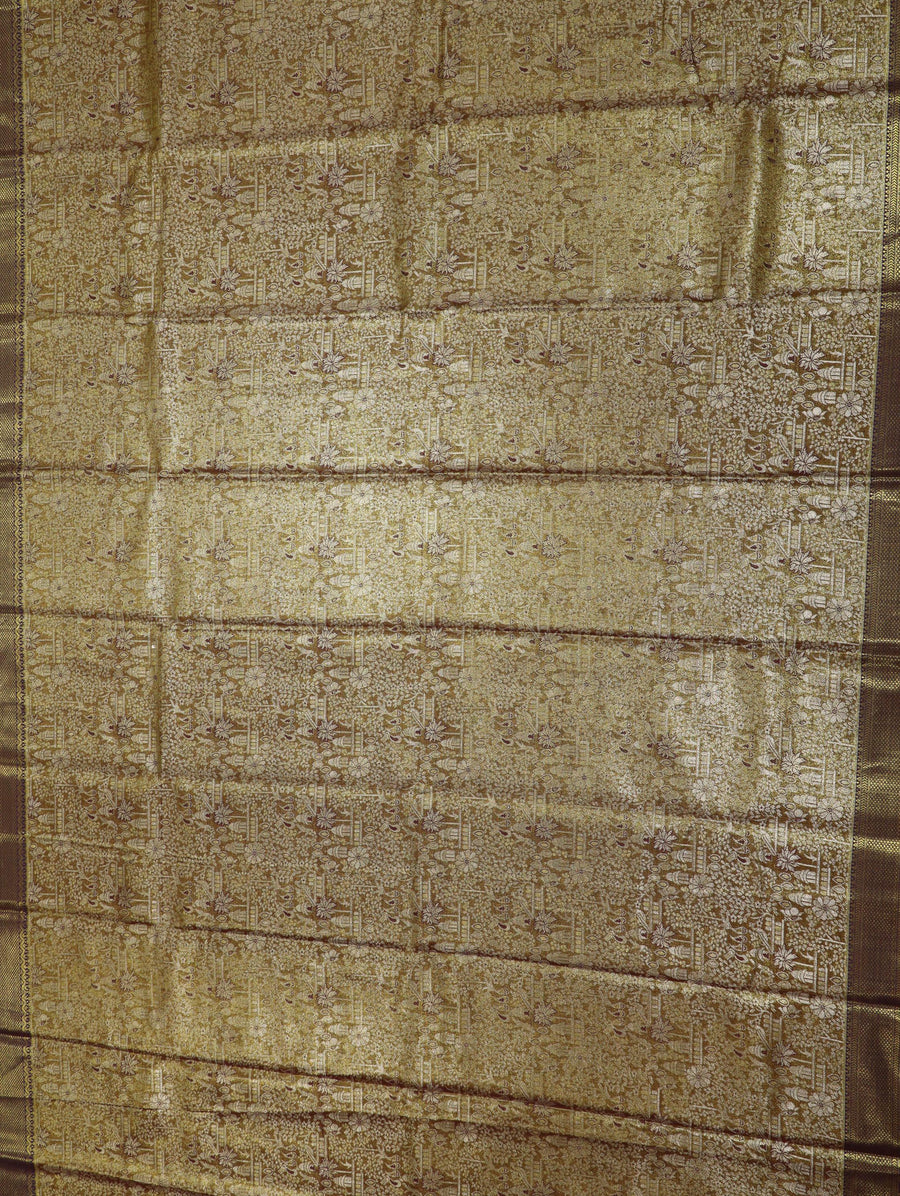 Mustard Yellow Kanchipuram Inspired Semi Silk Saree with Wide Contrast Border